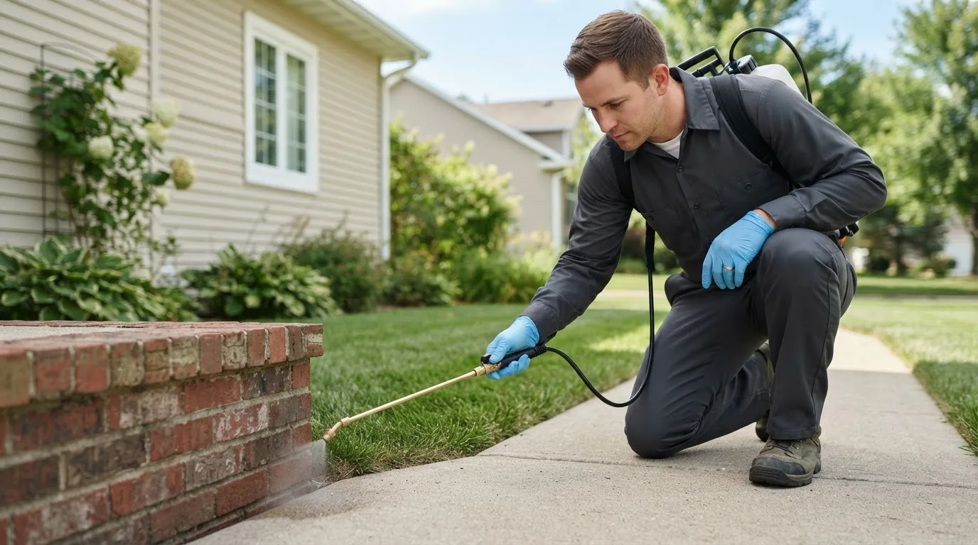 Pest control technician treating a home near Clinton Township, MI