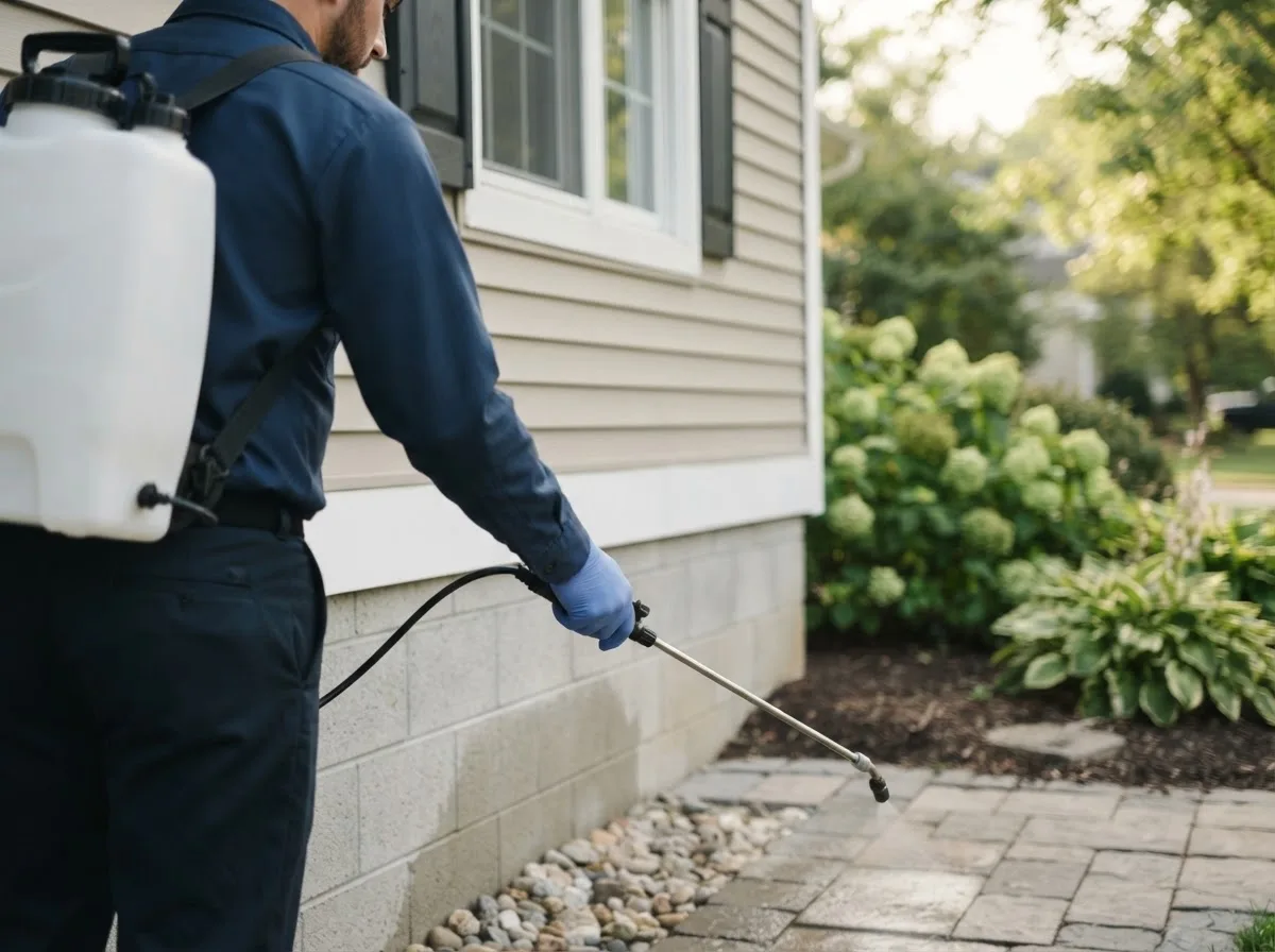 Pest control technician inspecting a home in Clinton Township, MI